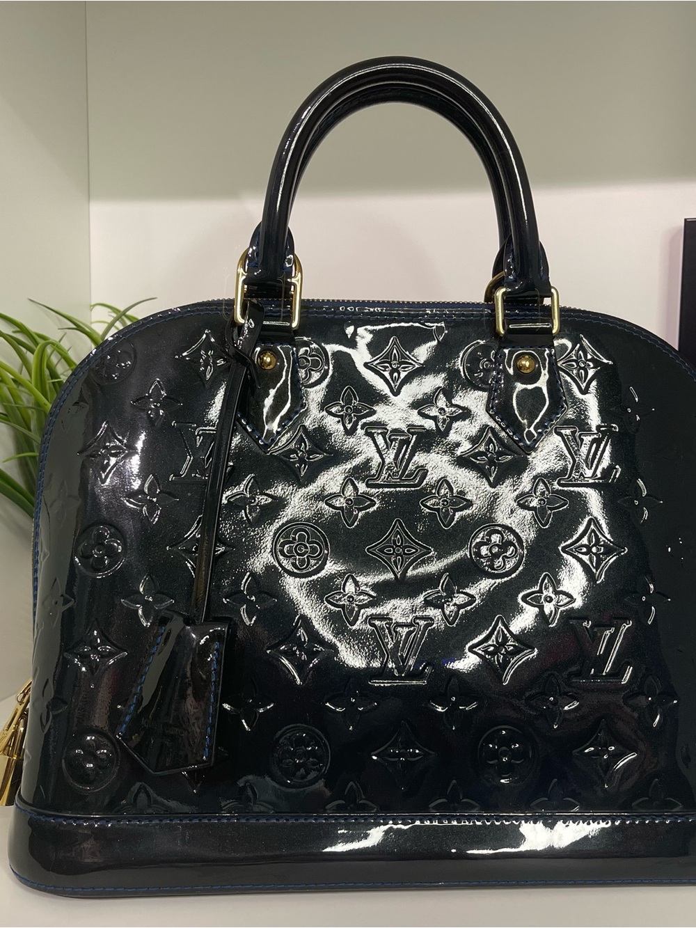 Louis Vuitton Green/Blue Vernis Alma Handbag with Gold Hardware